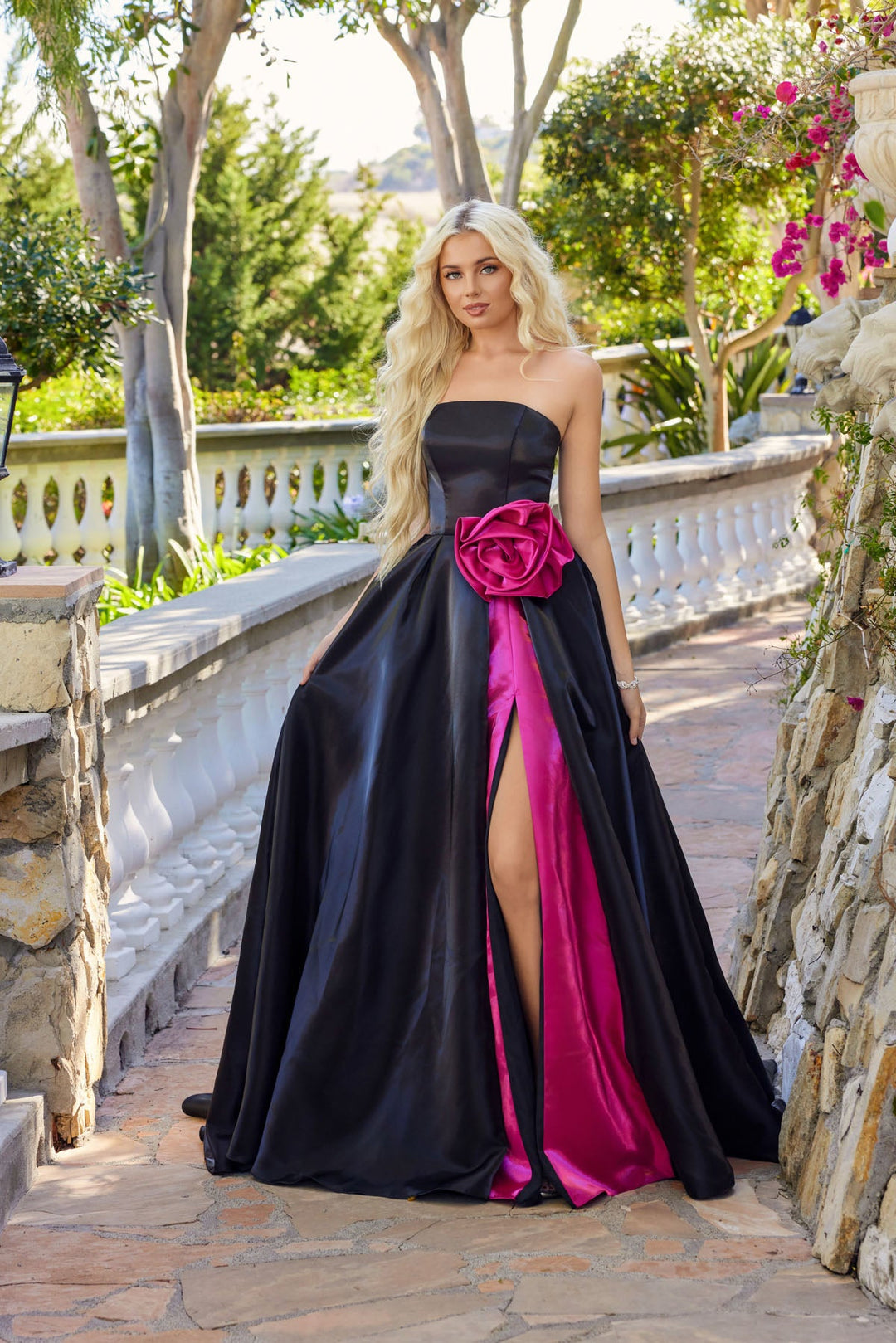 Juliet JT2733H Square Neck Sleeveless Ball Gown Prom Dress 2026, Black/Fuchsia / 8
