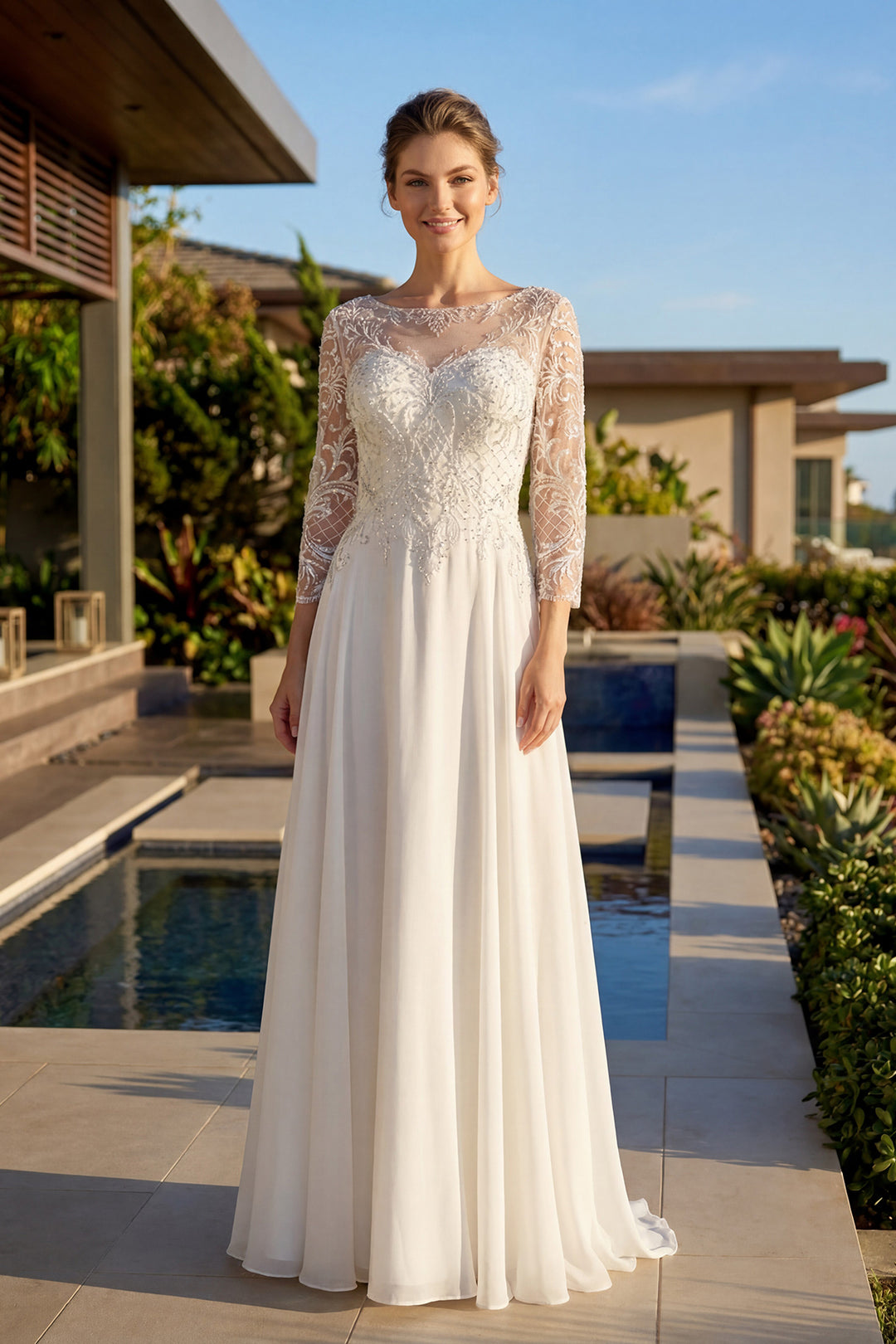 Juliet M11-W illusion sleeve mother of the bride dress front view, option 2