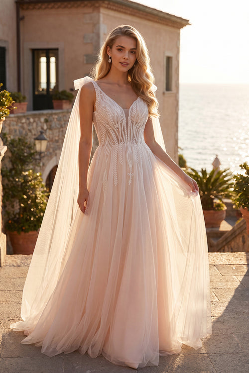 Juliet JT2602CW V-Neck Shoulder Streamer Bridal Gown
