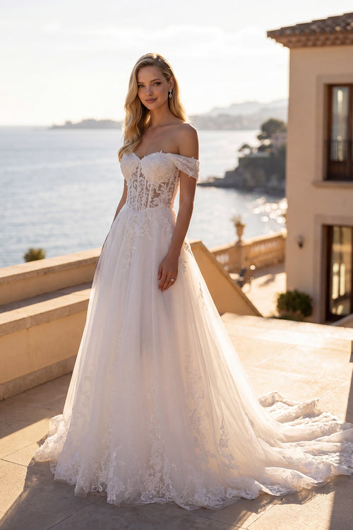 Juliet JT2634LW Off-Shoulder Appliqué Bodice Bridal Gown