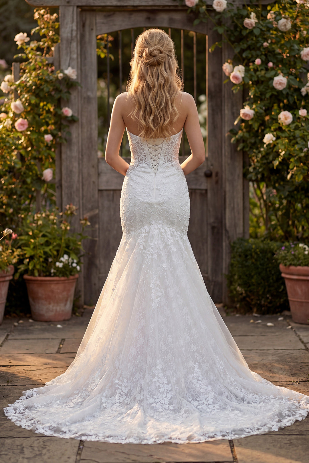 Juliet JT2666SW strapless mermaid bridal gown back view with train