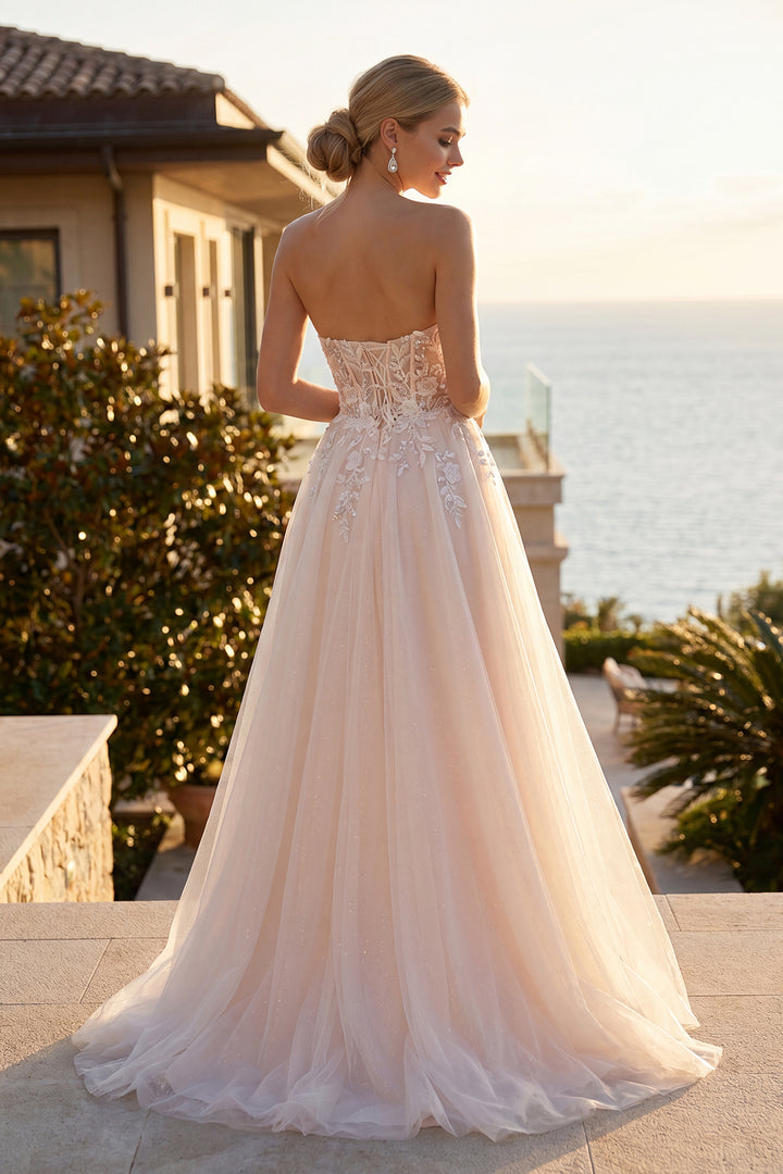 Juliet JT2702AW strapless sweetheart sheer embroidered waist bridal gown back view, option 2