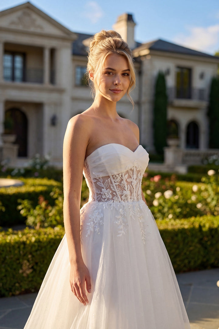 Juliet JT2702AW strapless sweetheart sheer embroidered waist bridal gown detail view