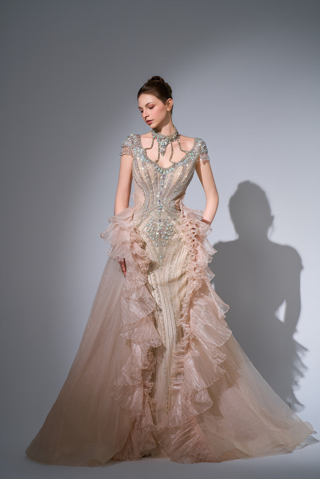 Delilah SH12057 High Neck Cap Sleeve Crystal Mermaid Gown with Ruffled Overskirt - Champagne front view