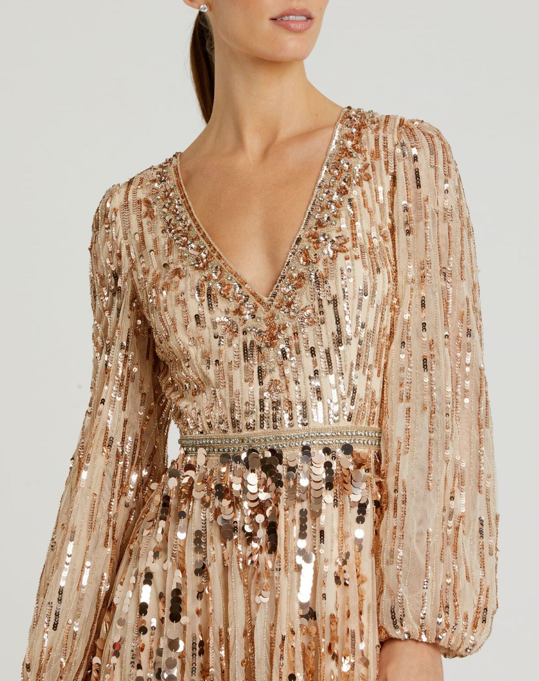 Mac Duggal - Beige Embellished Mesh Long Sleeve V Neck Gown - Bisque / US 4 Mac Duggal - Beige Embellished Mesh Long Sleeve V Neck Gown - Bisque / US 4