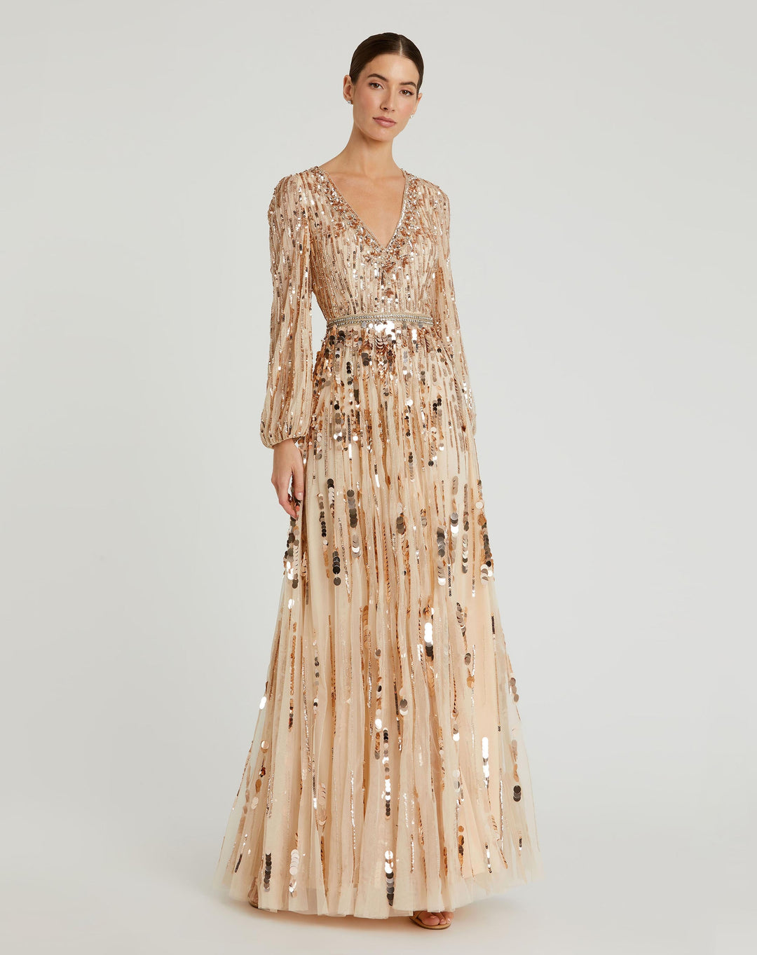 Mac Duggal - Beige Embellished Mesh Long Sleeve V Neck Gown - Bisque / US 4 Mac Duggal - Beige Embellished Mesh Long Sleeve V Neck Gown - Bisque / US 4