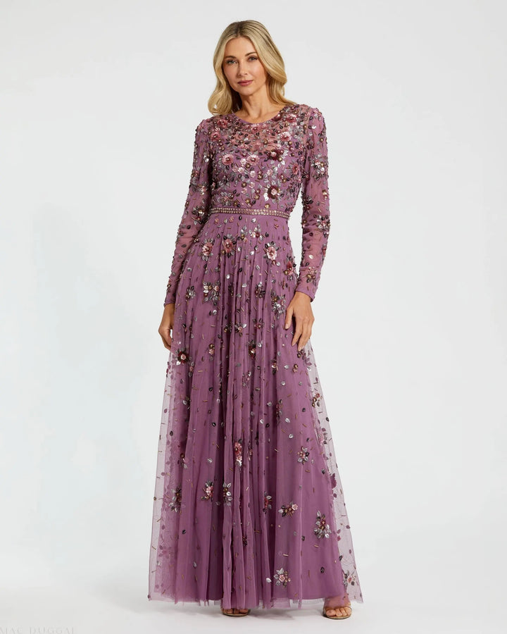 Mac Duggal 10063 Long Sleeve High Neck Beaded Gown