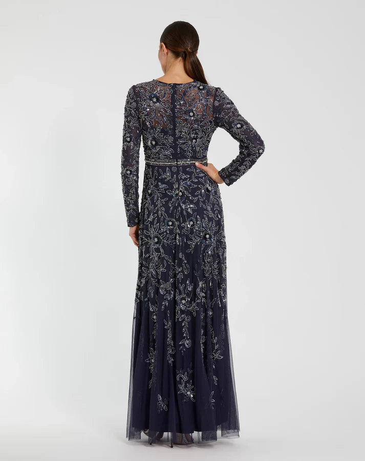 mac Duggal 10093 Long Sleeve Floral Embellished A-line Dress | FOSTANI