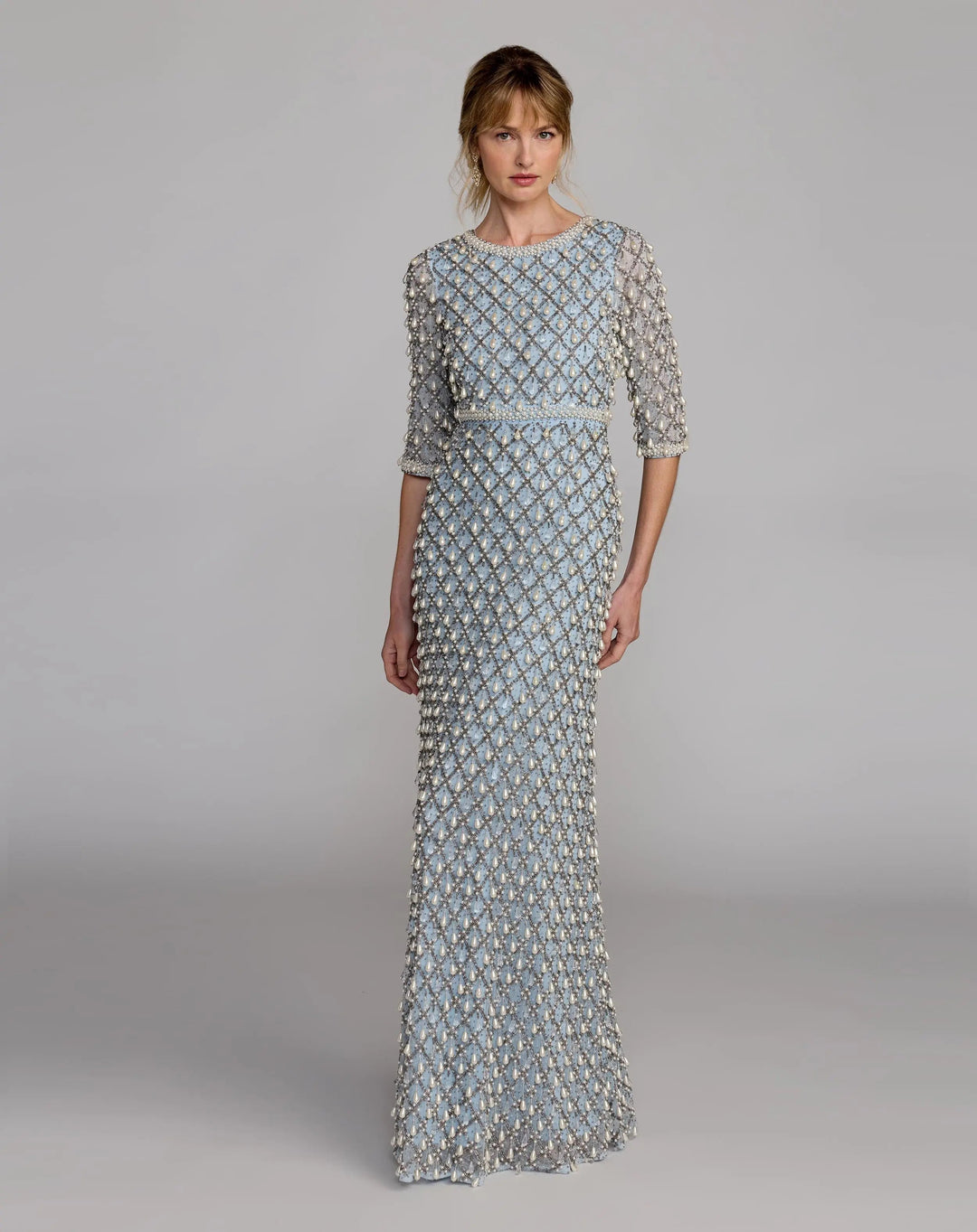 Mac Duggal 10099 Pearl Embellished 3/4 Sleeve Gown - FOSTANI.com