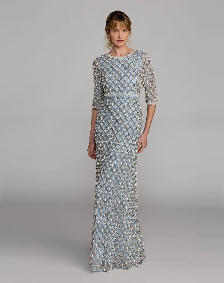 Mac Duggal 10099 Pearl Embellished 3/4 Sleeve Gown - FOSTANI.com
