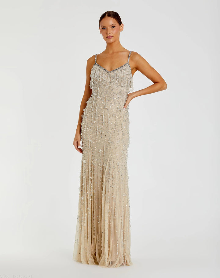 Mac Duggal 10101 V-Neck Column Gown with Fringe Embellishments