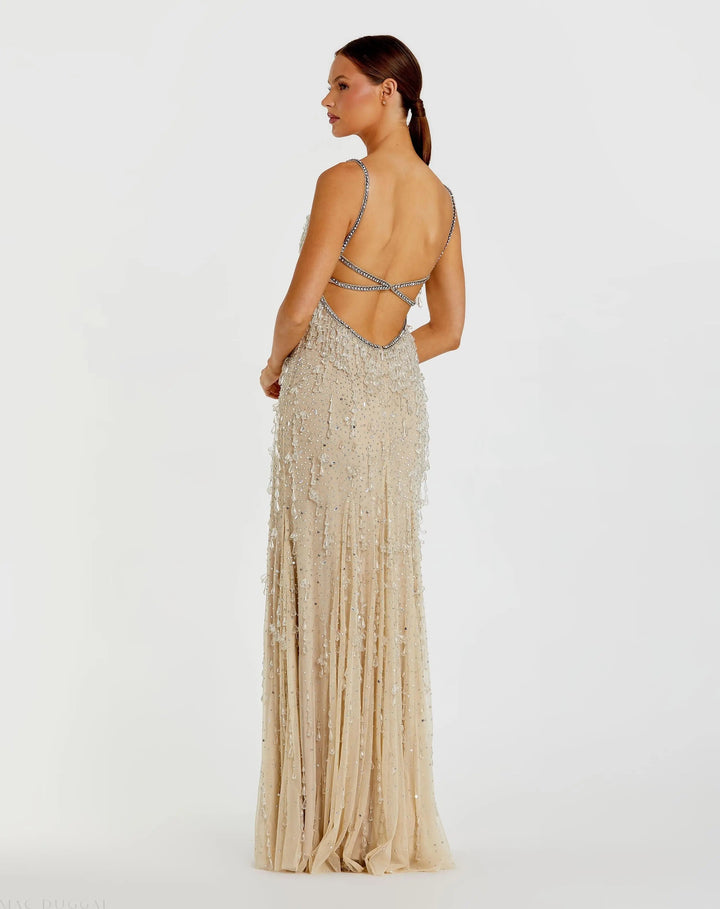 Mac Duggal 10101 V-Neck Column Gown with Fringe Embellishments
