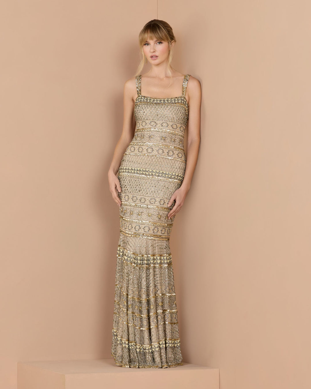 Mac Duggal 10114 Sleeveless Square Neck Beaded Gown