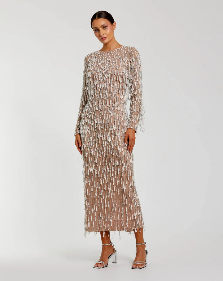 Beige Long Sleeve Midi Dress With Embellished Fringe - FOSTANI.com