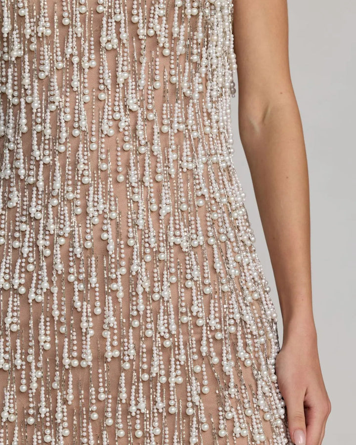 Mac Duggal 10121 Beige Pearl Fringe Mini Dress - FOSTANI.com