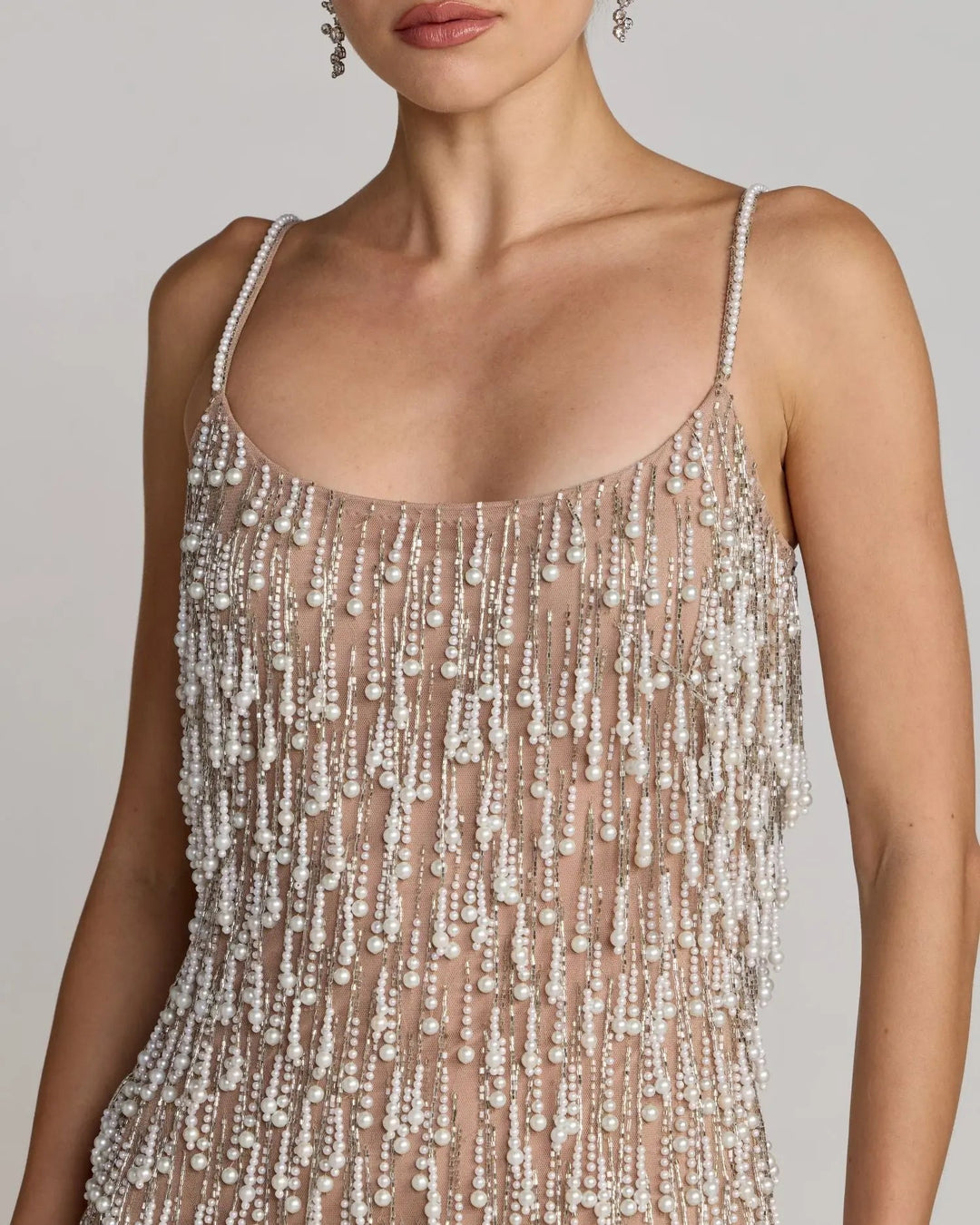 Mac Duggal 10121 Beige Pearl Fringe Mini Dress - FOSTANI.com