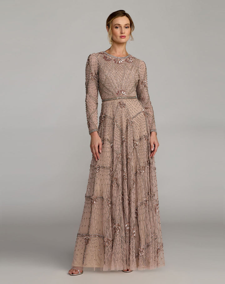 Mac Duggal 10173 Rhinestone Embellished Long Sleeve A-Line Gown