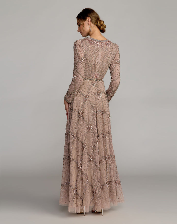 Mac Duggal 10173 Rhinestone Embellished Long Sleeve A-Line Gown