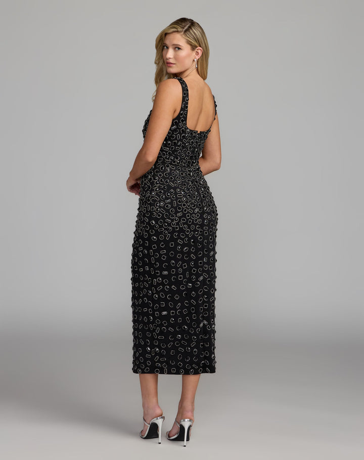 Mac Duggal 10193 Scoop Neck Beaded Scuba Midi Dress