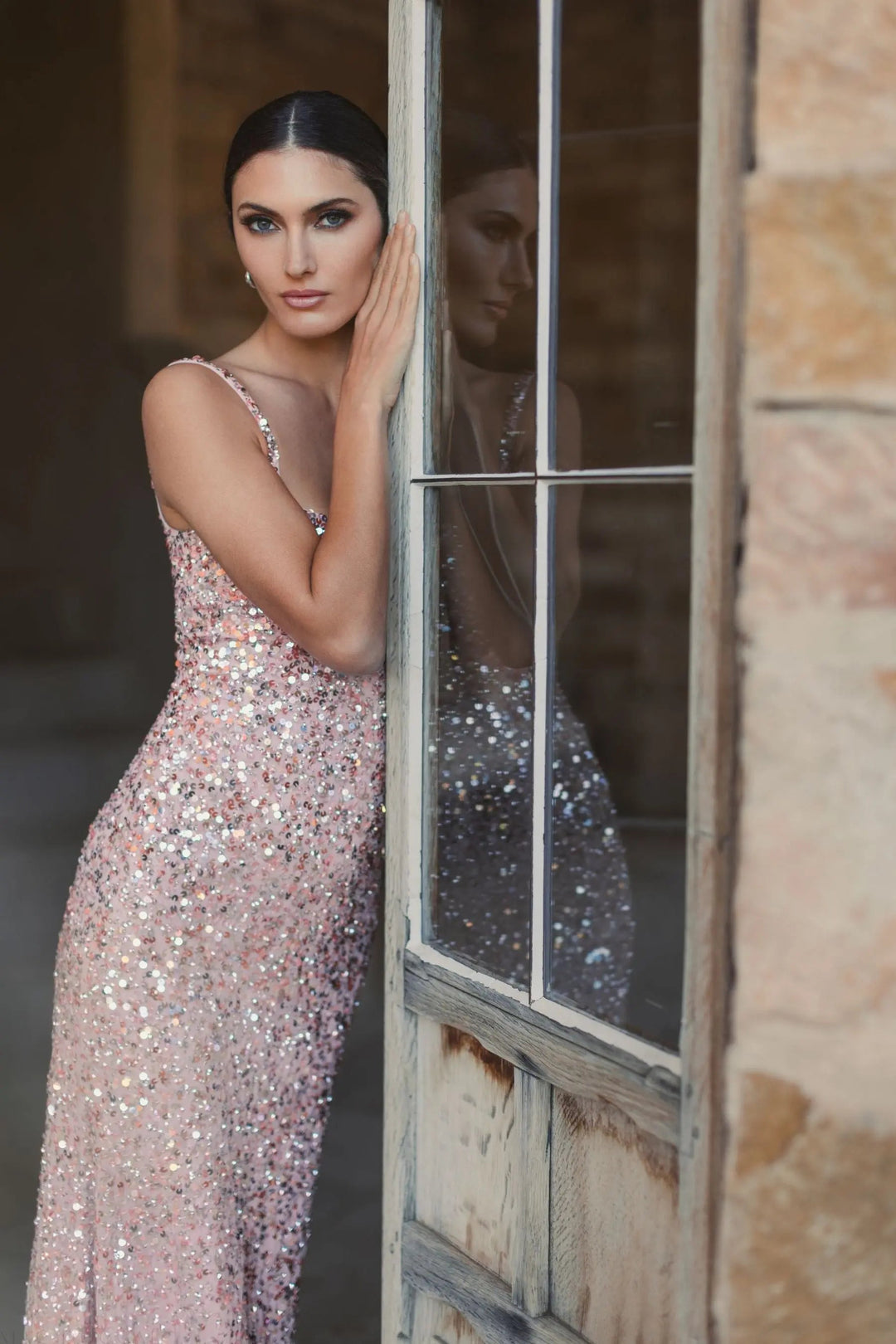mac duggal pink sequin dress NWT Mac Duggal 5444 Deep V-Neck Rose Pink Sequin Long Gown Size 14