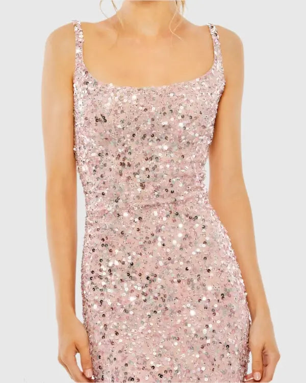 Mac Duggal 10705 Pink Sequined Low Back Slip Gown