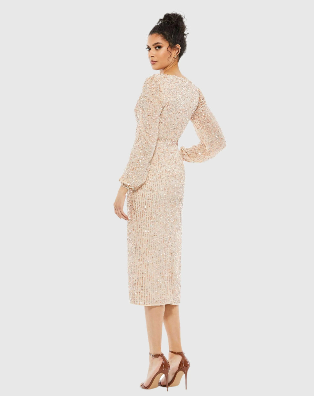 Mac Duggal 107641 Sequined Illusion Puff Sleeve V Neck Midi Dress