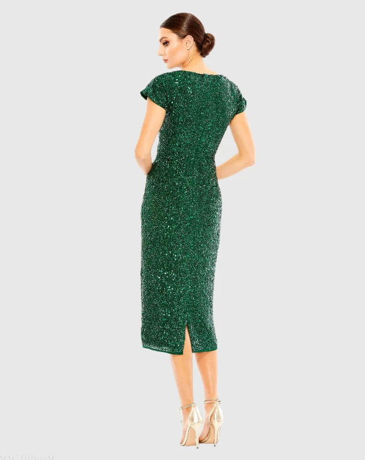 Mac Duggal 10766 Sequined Cap Sleeve Wrap Over Cocktail Dress