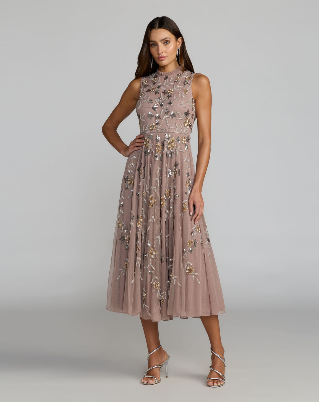 mac duggal formal midi dress Mac Duggal Floral Beaded Mesh Flutter Sleeve Midi Dress, Womens, 16, Antique Rose