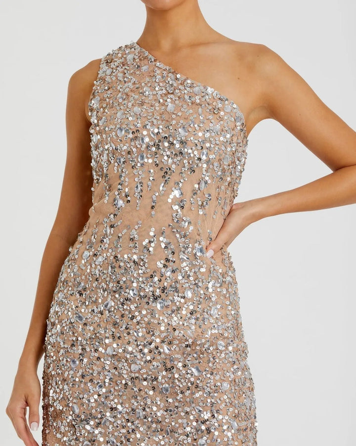 Mac Duggal 10977 Beige One Shoulder Sheer Hand Sequined Mini Dress