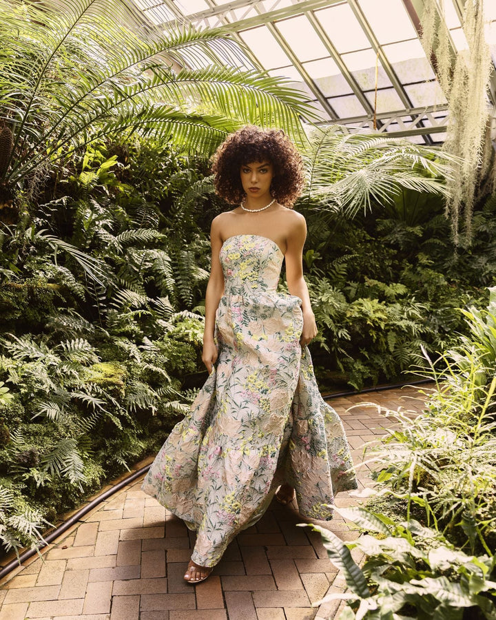 Multicolor Strapless Floral Brocade A-Line Gown - FOSTANI.com