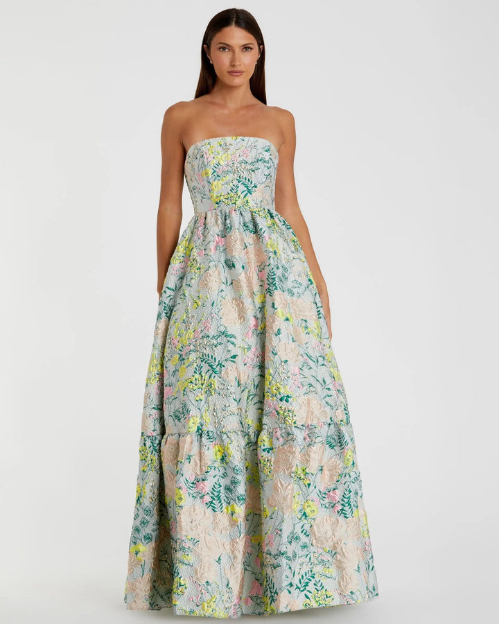 Multicolor Strapless Floral Brocade A-Line Gown - FOSTANI.com