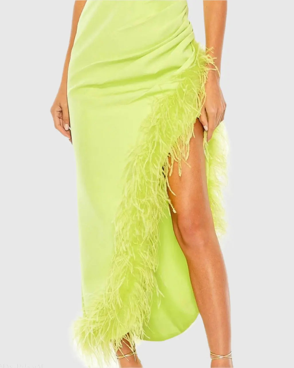 Mac Duggal 11626 Ruched High-Low Sheath Dress with Feather Trim