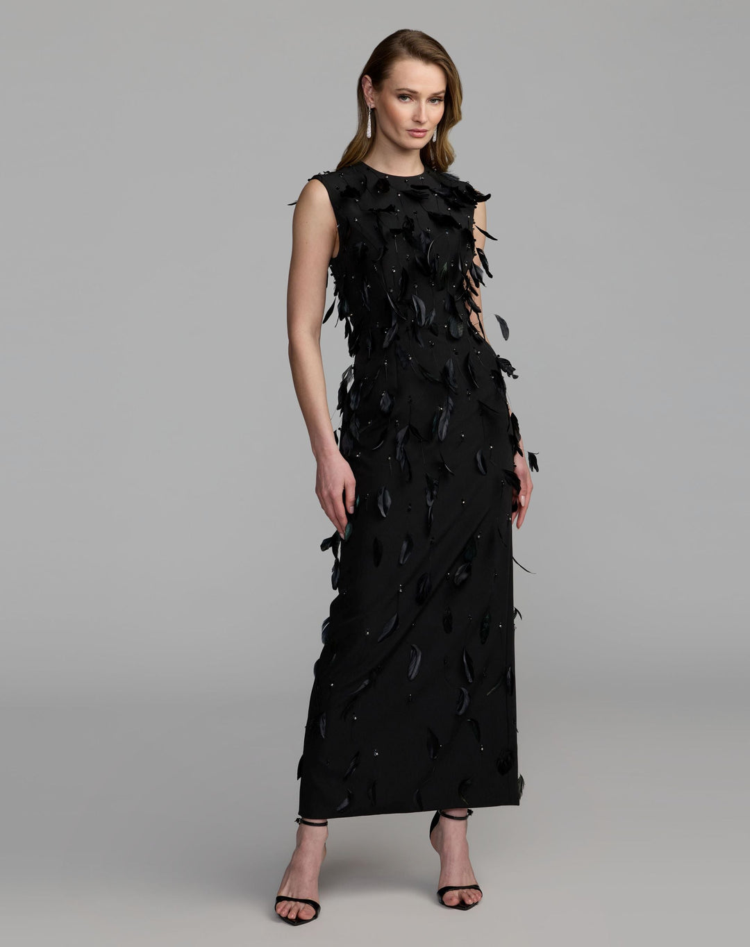 Mac Duggal 11630 High Neck Sleeveless Feather Embellished Column Dress