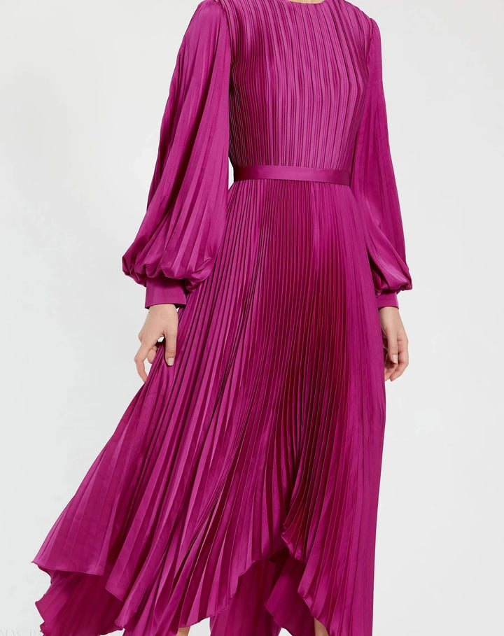 Purple Long Sleeve Pleated Charmeuse Handkerchief Dress - FOSTANI.com