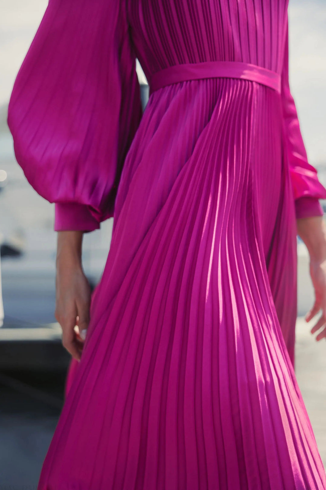 Purple Long Sleeve Pleated Charmeuse Handkerchief Dress - FOSTANI.com
