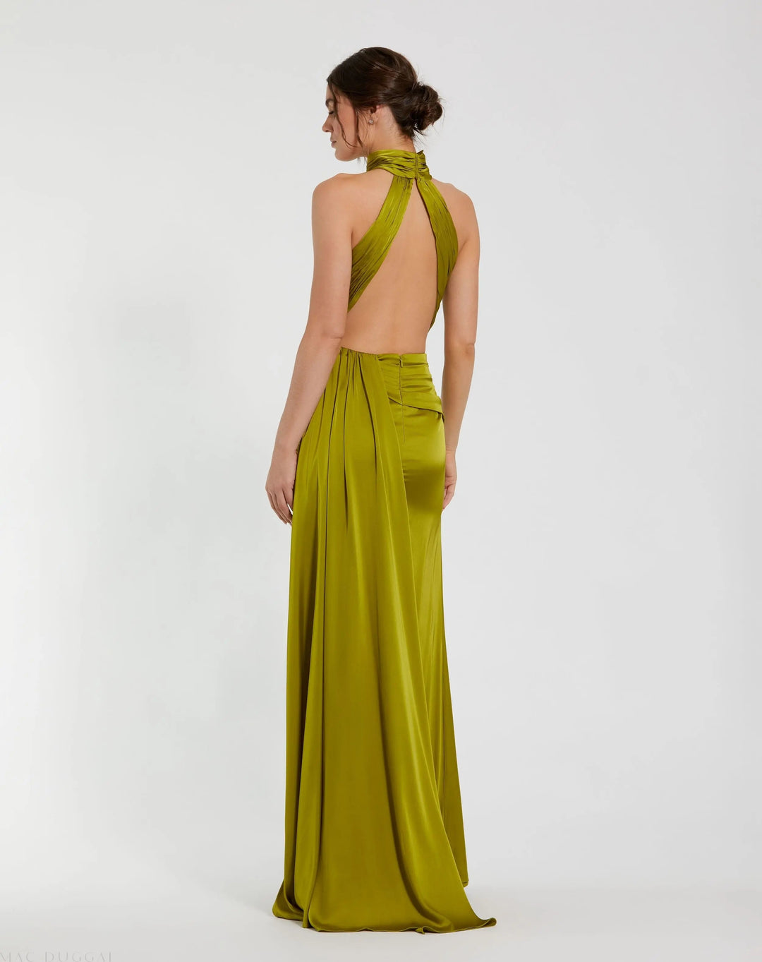 Dark Green Open Back High Neck Side Ruched Gown - FOSTANI.com