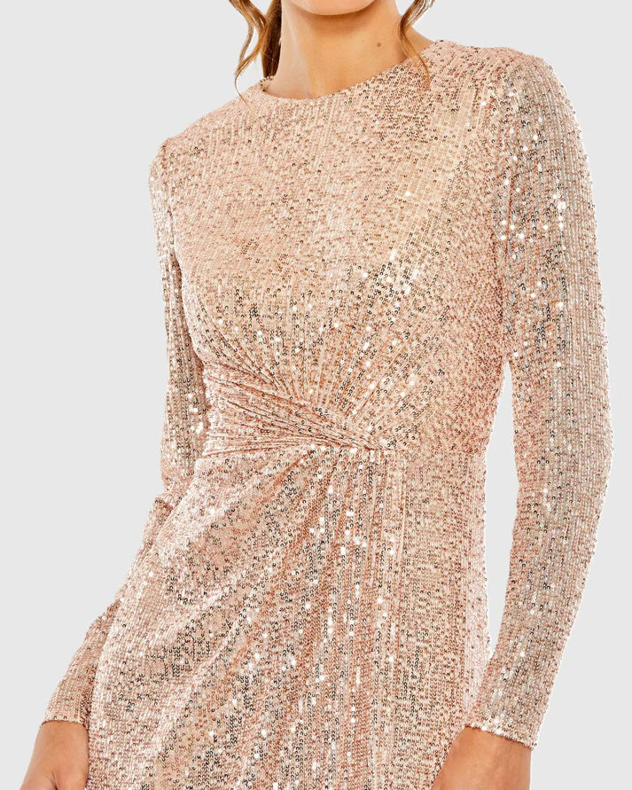 Mac Duggal Women's Sequined Long Sleeve Side Knot Gown - Rose Gold Mac Duggal Women's Sequined Long Sleeve Side Knot Gown - Rose Gold