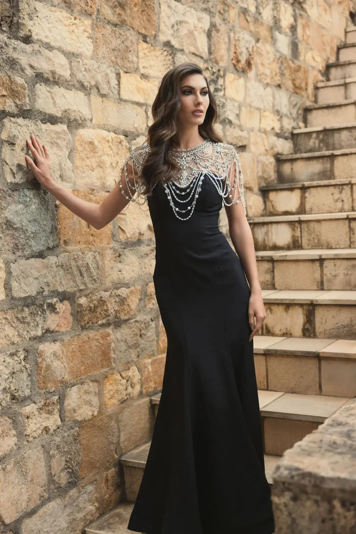 mac duggal mermaid prom dress Mac Duggal - Black Draped Pearl Beaded Mermaid Gown