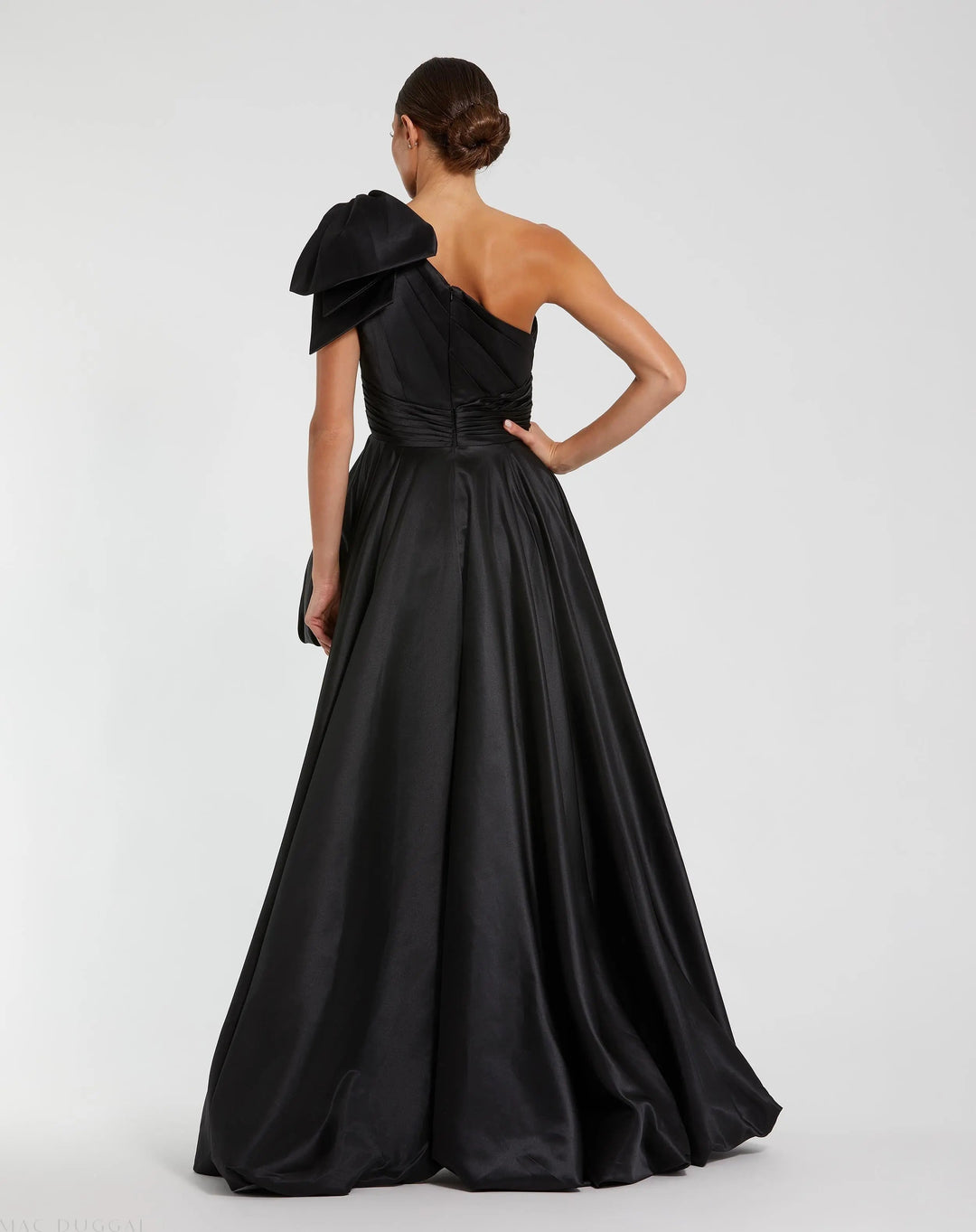 Mac Duggal 11800 Black Satin One Shoulder Bow Gown