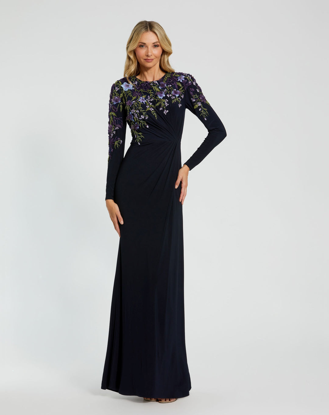 Mac Duggal - Navy Embellished Long Sleeve Fitted Jersey Gown - Midnight / US 6 Mac Duggal - Navy Embellished Long Sleeve Fitted Jersey Gown - Midnight / US 6