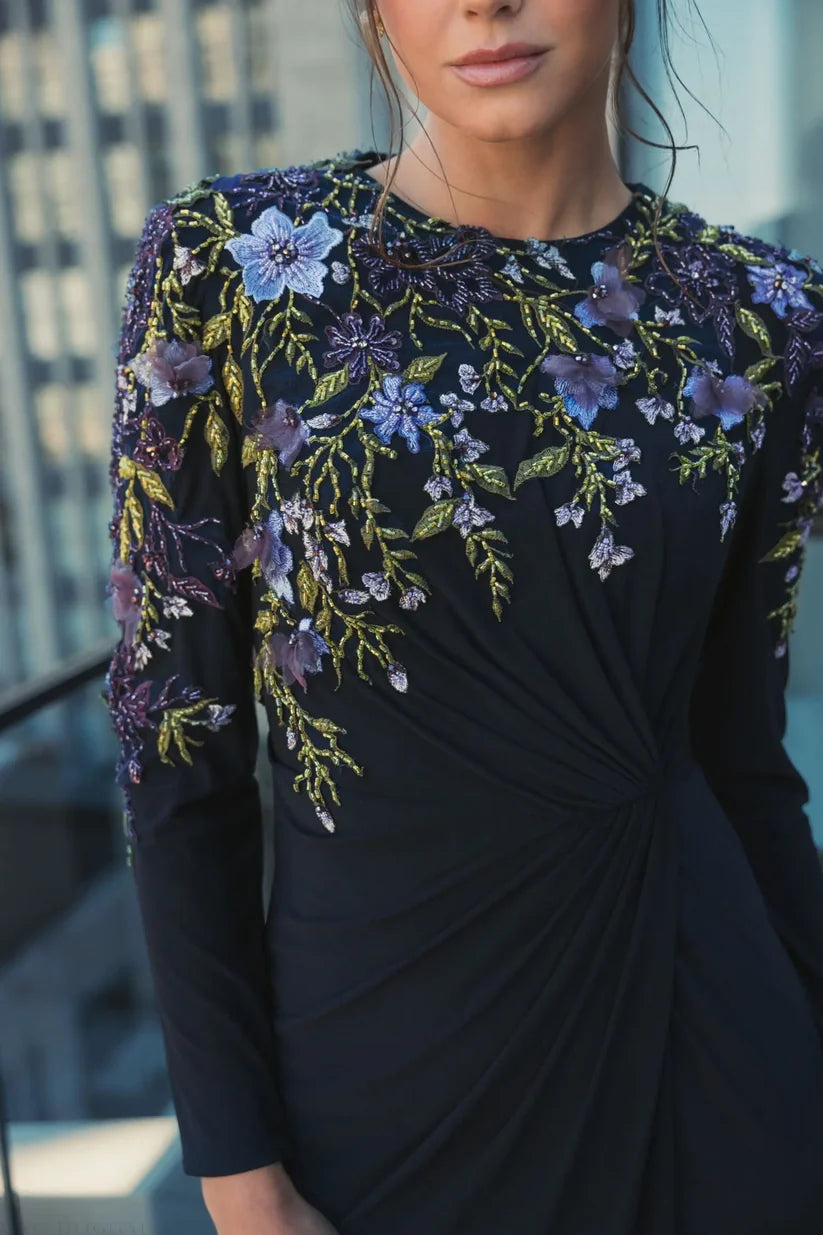 long sleeve fitted jersey dress One sleeve Jersey dress with tulle cut-outs Black / US 16