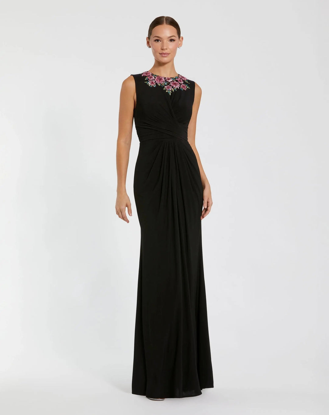 Black Jersey Twist Gown With Embellished Neckline - FOSTANI.com