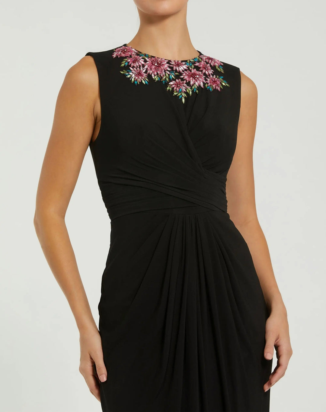Black Jersey Twist Gown With Embellished Neckline - FOSTANI.com
