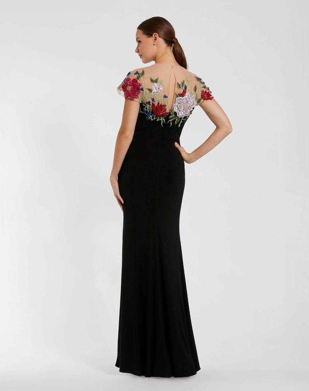 Black Floral Embellished Jersey Column Gown - FOSTANI.com
