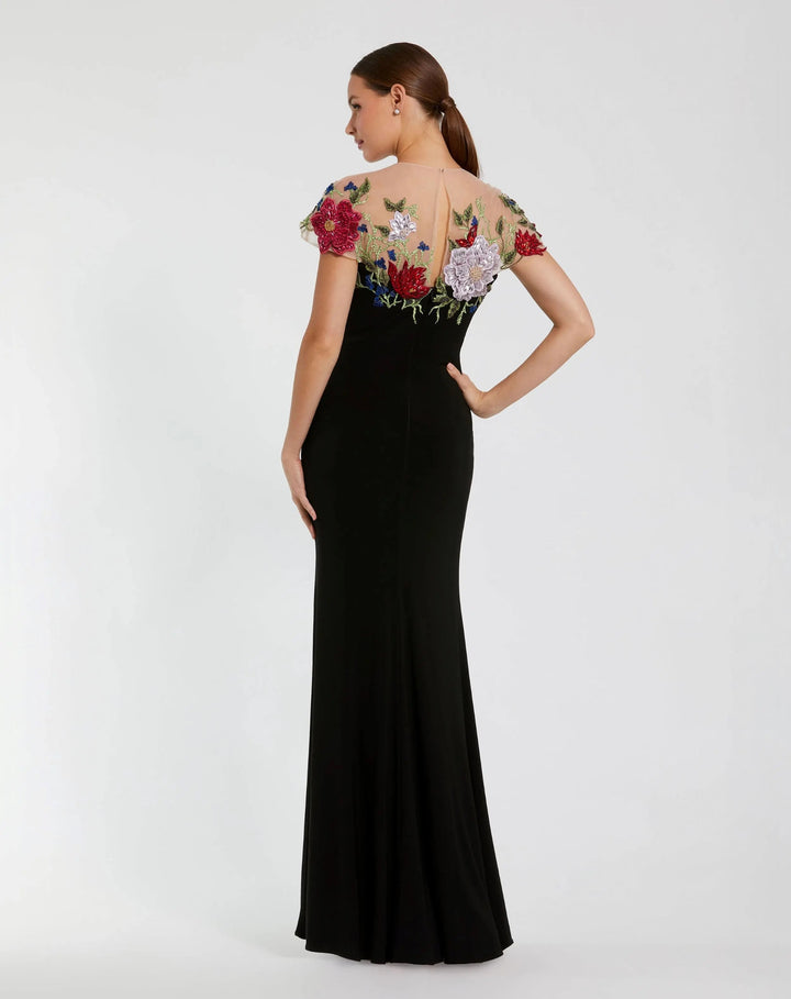 Black Floral Embellished Jersey Column Gown - FOSTANI.com