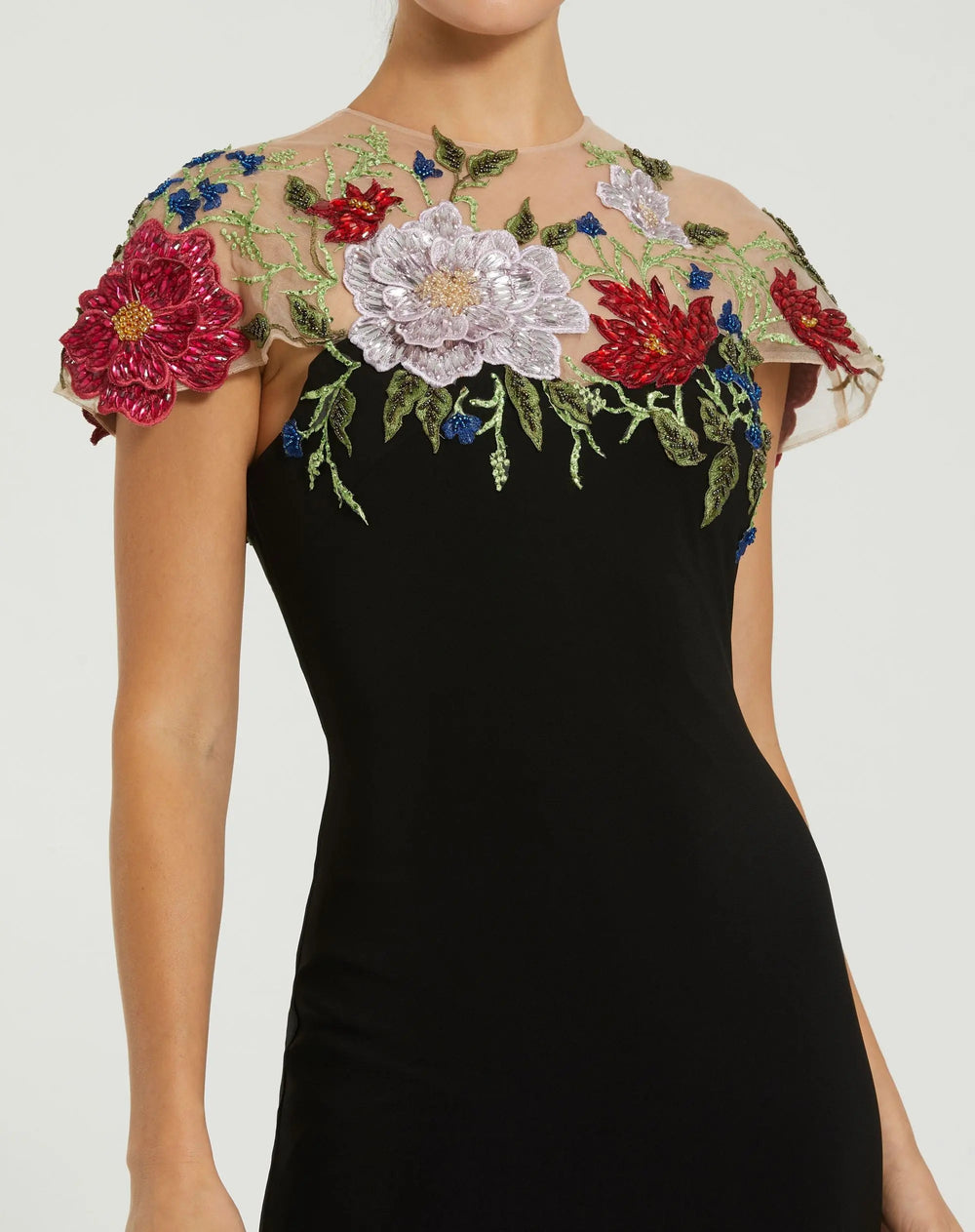Black Floral Embellished Jersey Column Gown - FOSTANI.com