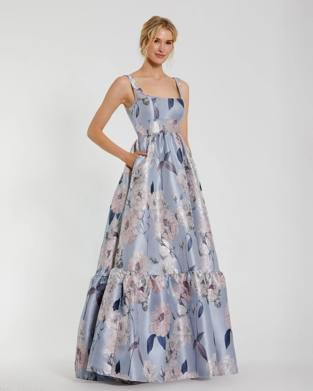 mac duggal blue floral dress Embellished Midi With 3/4 Sleeves Model is wearing Powder Blue color. Mac Duggal Brocade Scoop Neck