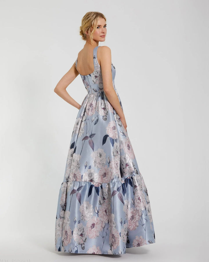 Mac Duggal 11826 Blue Floral Printed Satin Gown with Pockets