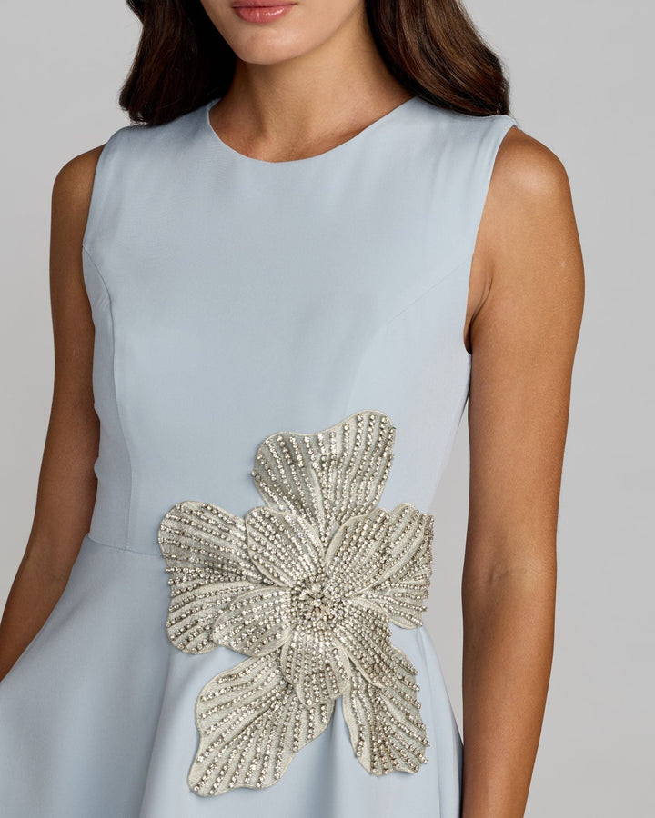 Blue Crepe Sleeveless Mini Dress With Rhinestone Flower - FOSTANI.com