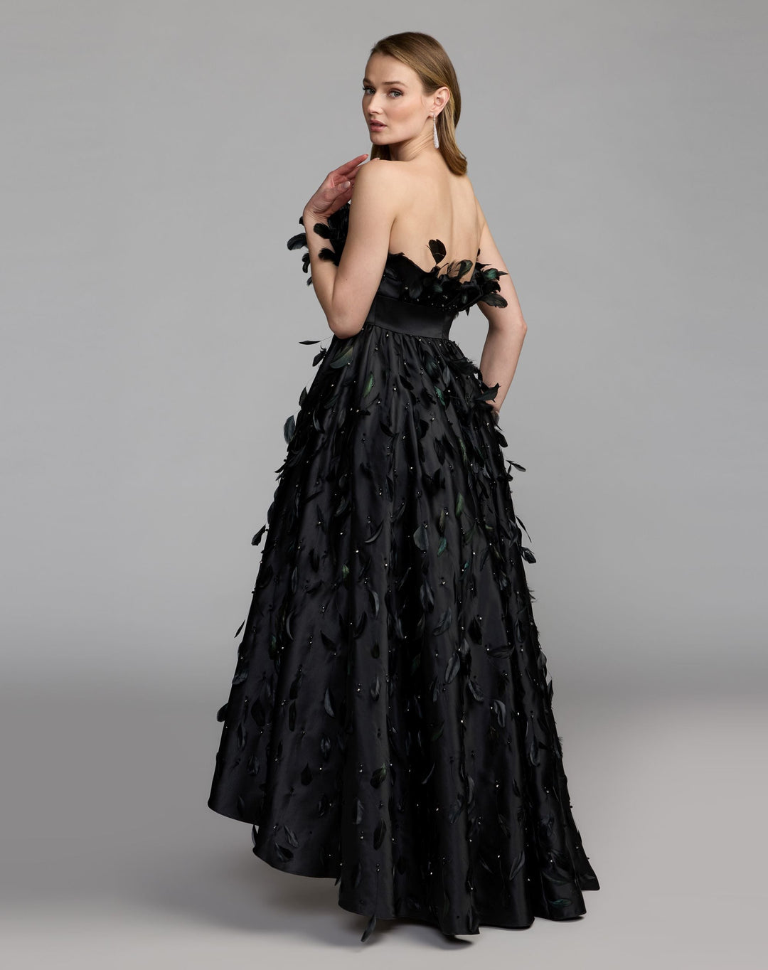 Mac Duggal 11835 Strapless Feather Embellished High Low Satin Gown
